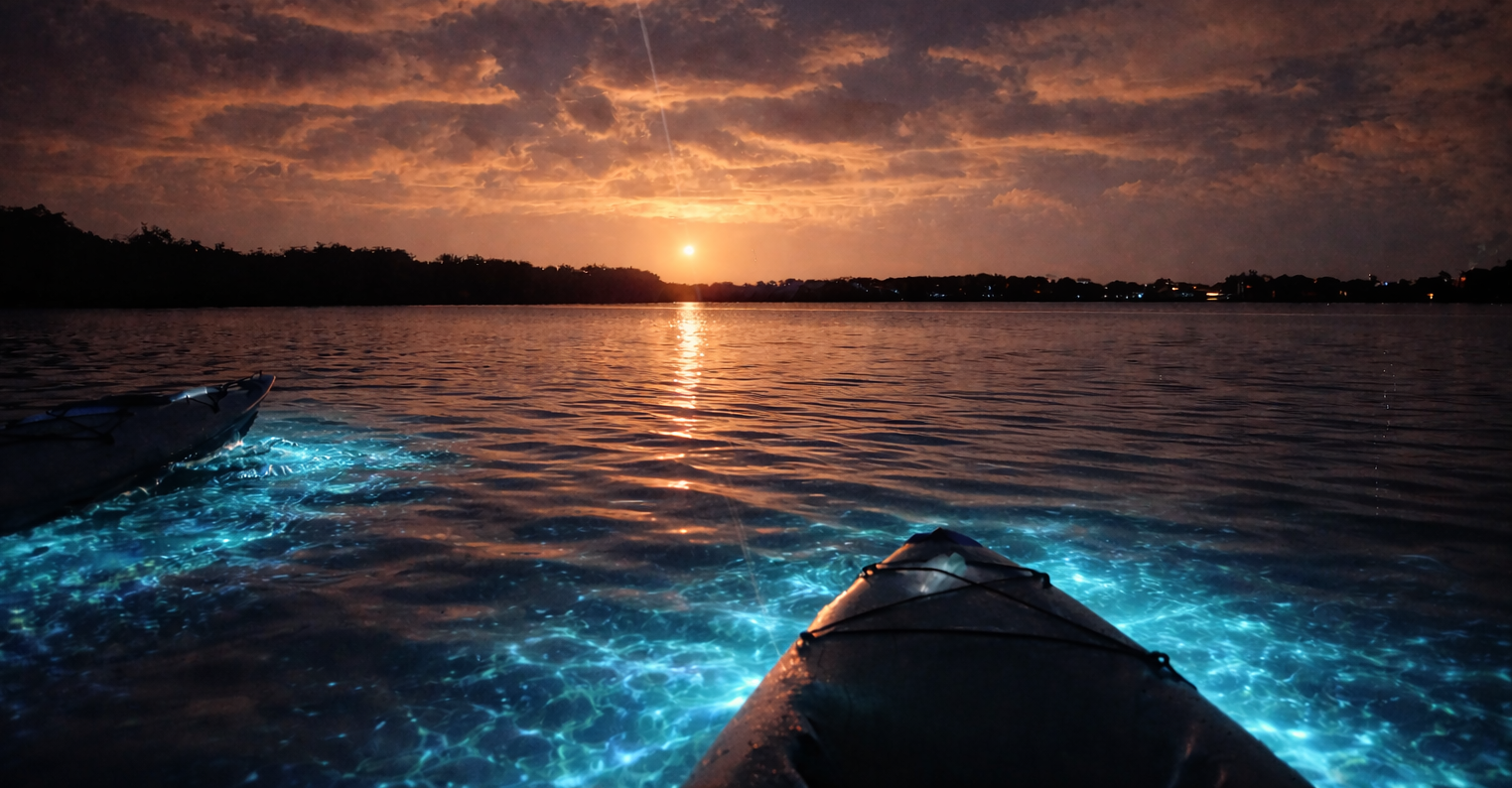 Family on a Bioluminescent kayak tour falcon9 spacex rocket near Cocoa Beach FL